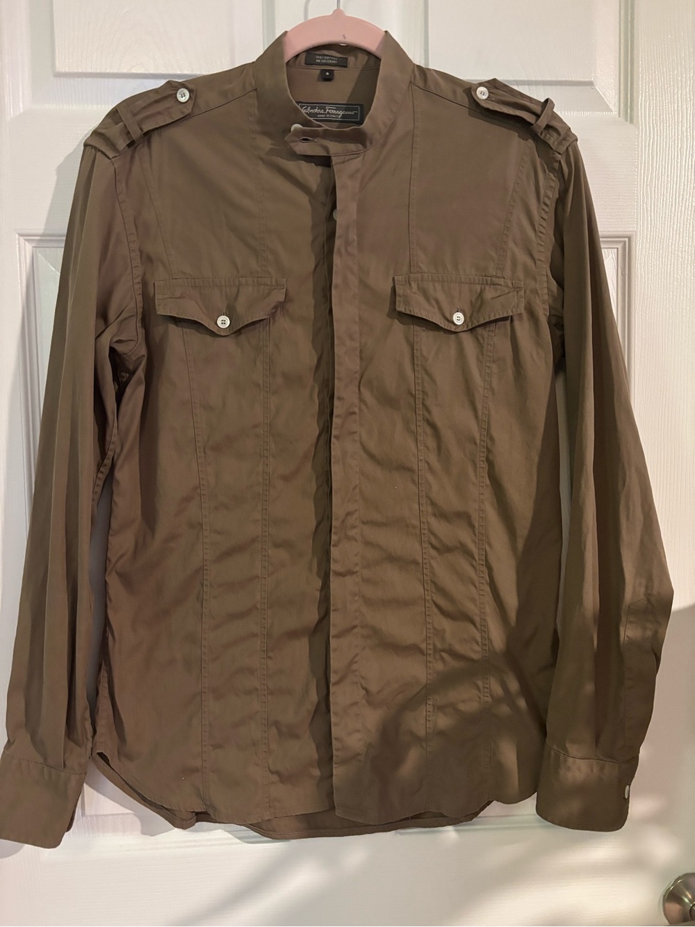 Salvatore Ferragamo military-style long-sleeve shirt in olive Size Small